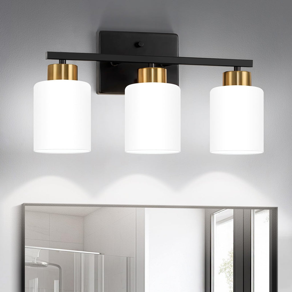 FonmYim Brushed Nickel Bathroom Light Fixtures, 3-Light Modern Vanity Light Over Mirror, Wall Sconces with Milky White Frosted Glass Shades, E26 Socket (Bulbs Not Included)