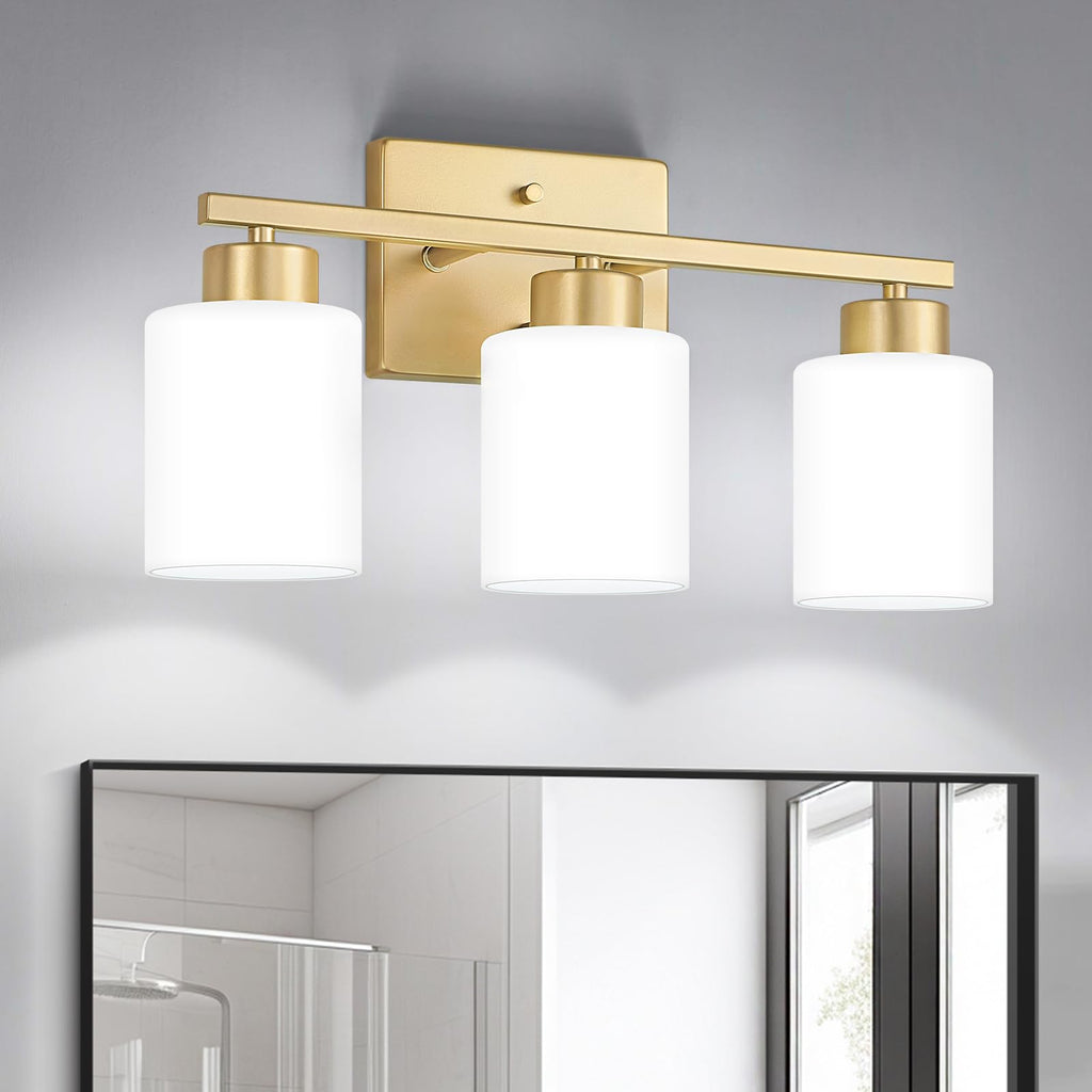 FonmYim Brushed Nickel Bathroom Light Fixtures, 3-Light Modern Vanity Light Over Mirror, Wall Sconces with Milky White Frosted Glass Shades, E26 Socket (Bulbs Not Included)