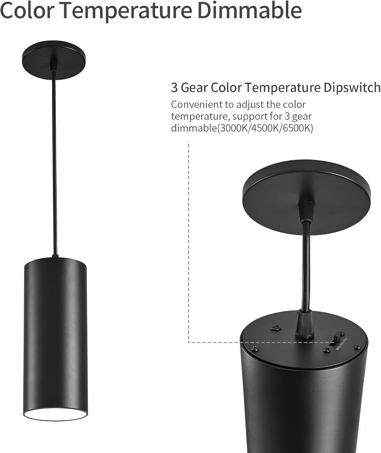 Black 4 Inch Cylinder LED Pendant Light with Dipswitch, 25W Island Hanging Lamp for Kitchen Bedroom