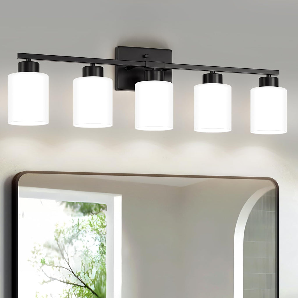 FonmYim Brushed Nickel Bathroom Light Fixtures, 3-Light Modern Vanity Light Over Mirror, Wall Sconces with Milky White Frosted Glass Shades, E26 Socket (Bulbs Not Included)