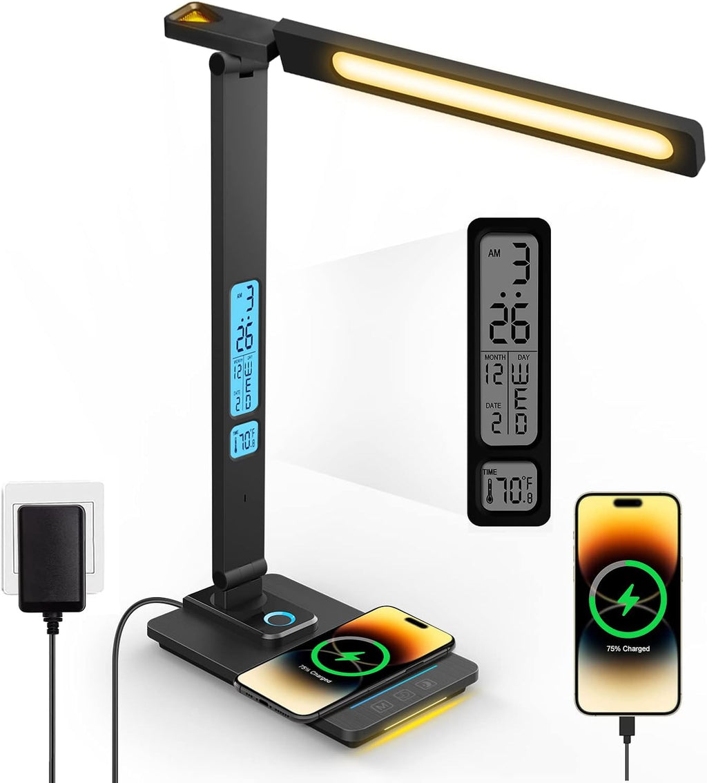 LAOPAO LED Desk Lamp with Wireless Charger: Desk Lamps for Home Office Bedroom, 5 Color Modes & Brightness Dimmable, 2 Night Light