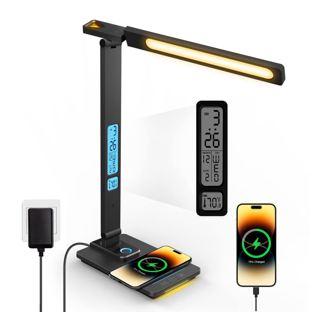 LAOPAO Desk Lamp with Wireless Charger: USB Charging Port, Table Lamp with Clock, Desk Lamps for Home Office College Dorm Room Essentials