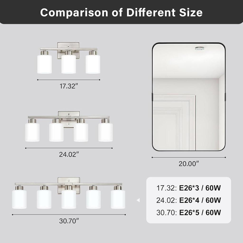 FonmYim Brushed Nickel Bathroom Light Fixtures, 3-Light Modern Vanity Light Over Mirror, Wall Sconces with Milky White Frosted Glass Shades, E26 Socket (Bulbs Not Included)