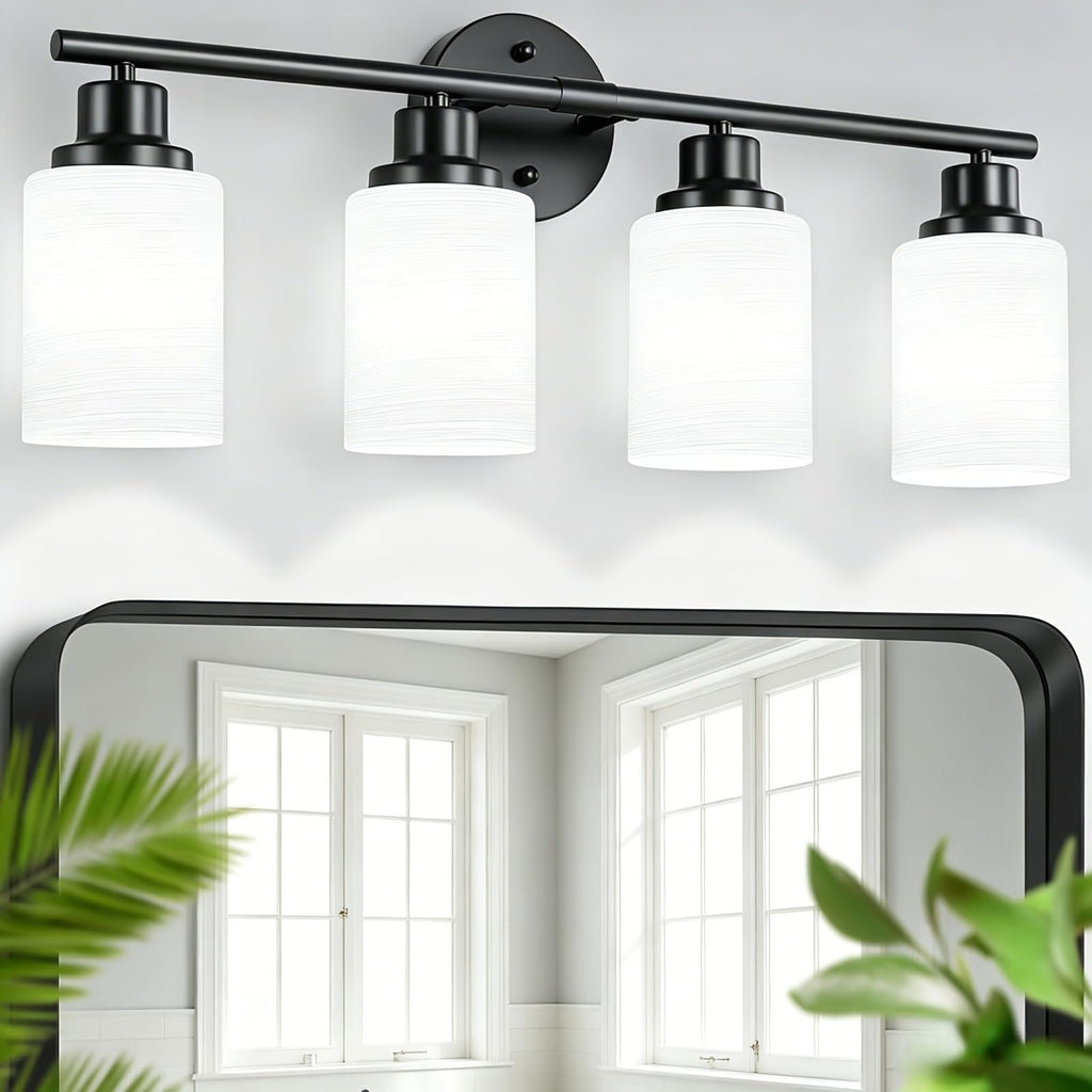 4-Light Brushed Nickel Vanity Lights for Mirror, Bathroom Light Fixtures with Textured Milky White Glass Shade, Modern Kitchen Light Fixtures Wall Sconce Light - E26 Base