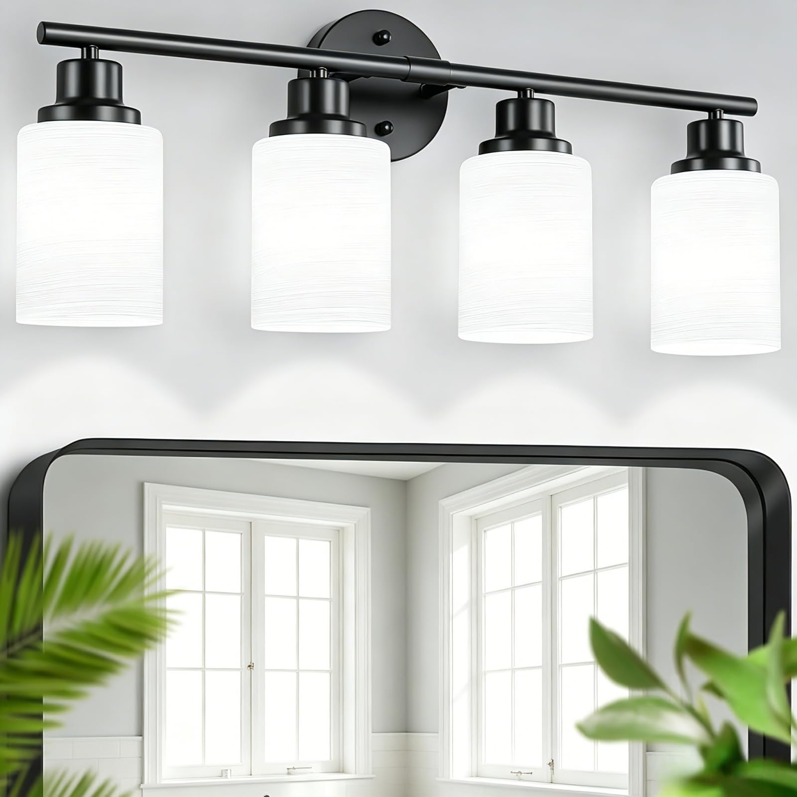 4-Light Brushed Nickel Vanity Lights for Mirror, Bathroom Light Fixtures with Textured Milky White Glass Shade, Modern Kitchen Light Fixtures Wall Sconce Light - E26 Base