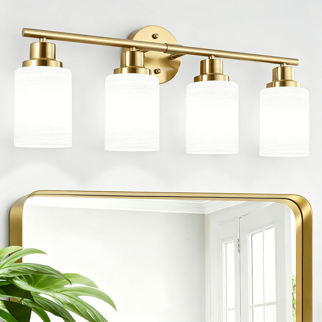 4-Light Brushed Nickel Vanity Lights for Mirror, Bathroom Light Fixtures with Textured Milky White Glass Shade, Modern Kitchen Light Fixtures Wall Sconce Light - E26 Base