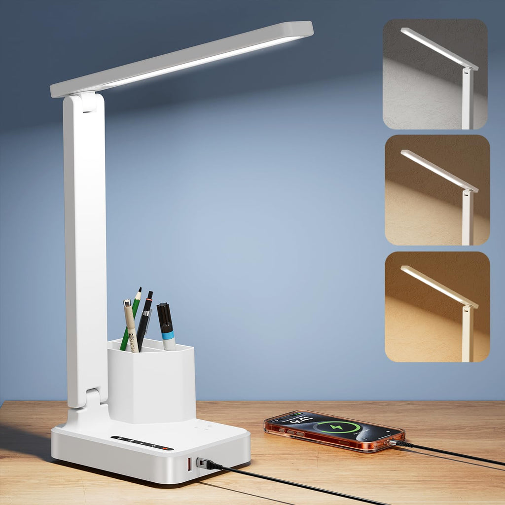 cozoo LED Desk Lamps for Home Office, Modern Dimmable Eye Caring Desk Light with USB Charging Ports AC Outlet, Pen Holder,Touch/Memory/Timer, Kids Small Table Lamp for Reading, Bedroom, Study, Craft