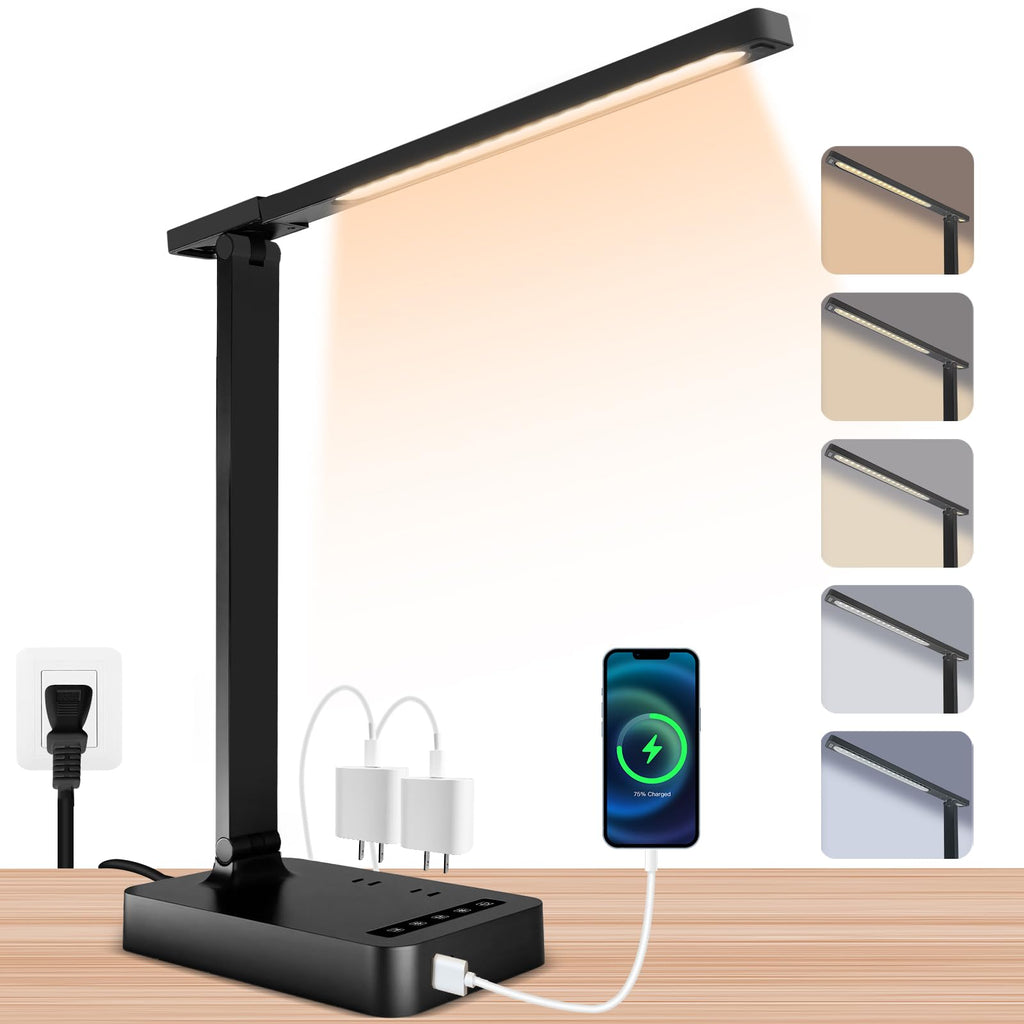 snsok Desk Lamp with Wireless Charger, USB Charging Port, Dimmable Office Desk Light with Clock, Alarm, Date, Temperature, Foldable Lamp for Table Bedroom Bedside Office (White)