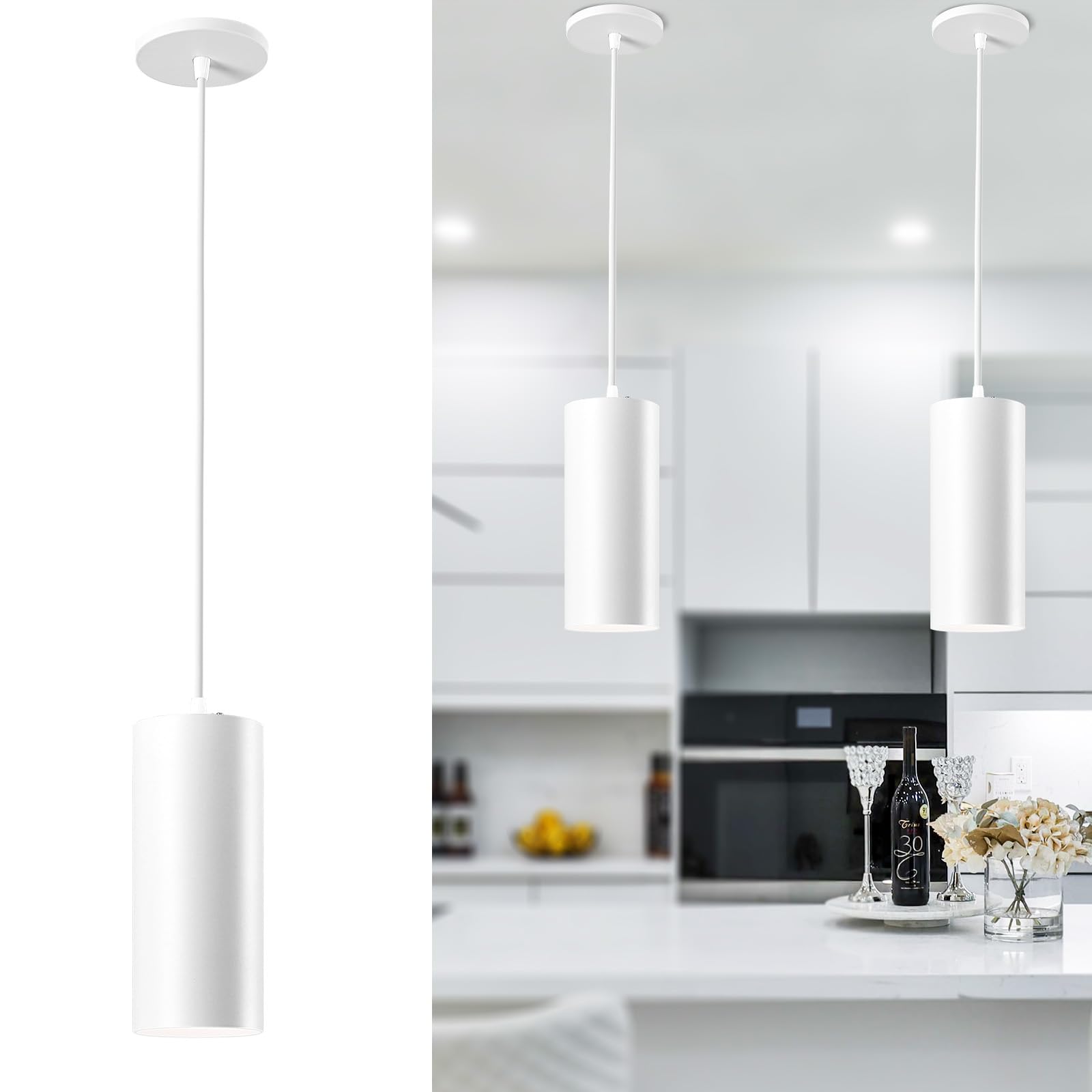 Black 4 Inch Cylinder LED Pendant Light with Dipswitch, 25W Island Hanging Lamp for Kitchen Bedroom