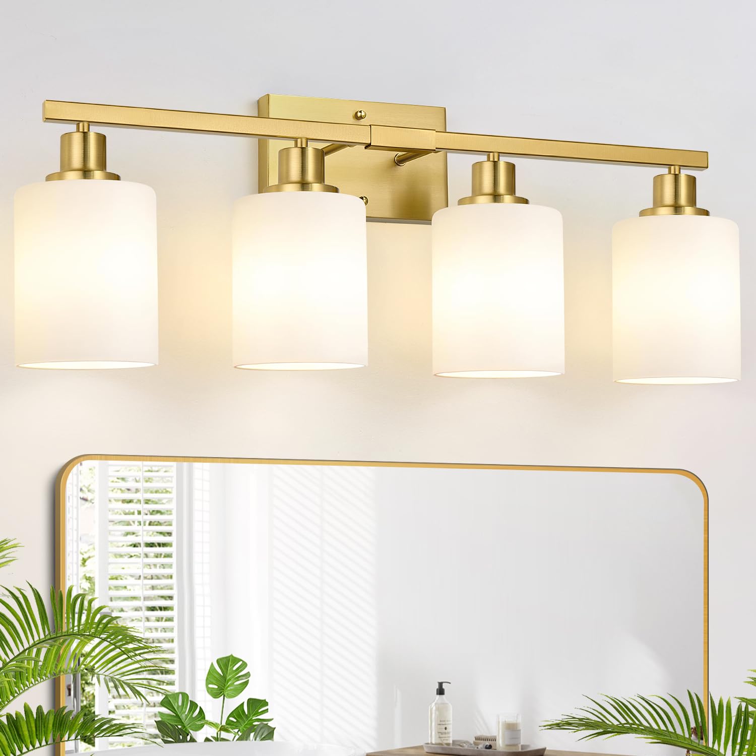 MOKATNG 4-Light Vanity Light with Milky White Shades, Brushed Nickel Bathroom Lighting Fixtures Over Mirror, Modern Bathroom Wall Lamp for Mirror Living Room Cabinet Bedroom