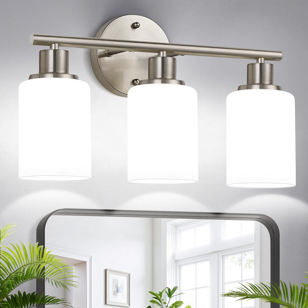 Zarbitta 3-Light Bathroom Light Fixtures, Brushed Nickel Vanity Light, Farmhouse Wall Lights with Milky White Frosted Glass Shades, Bathroom Wall Lamp for Mirror Kitchen Bedroom Hallway Living Room