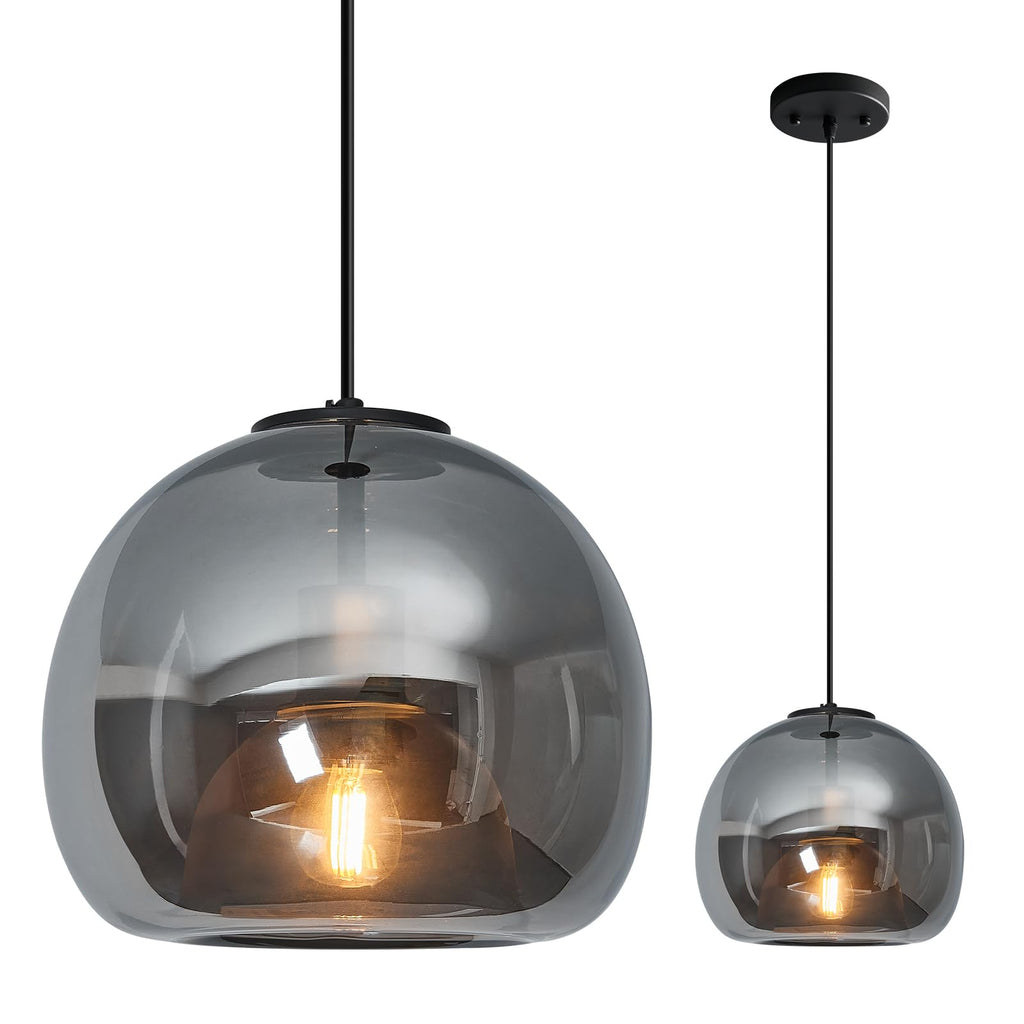 Mirror Smoke Gray Glass Pendant Lights Kitchen Island 2 Pack 7.87" Glass Globe Pendant Light Black Hanging Light Fixture Modern Pendant Lighting for Kitchen Island Bedroom Dining Room