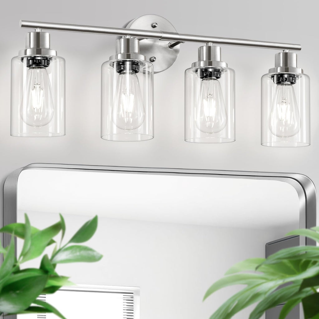 4-Light Brushed Nickel Vanity Lights for Mirror, Bathroom Light Fixtures with Textured Milky White Glass Shade, Modern Kitchen Light Fixtures Wall Sconce Light - E26 Base