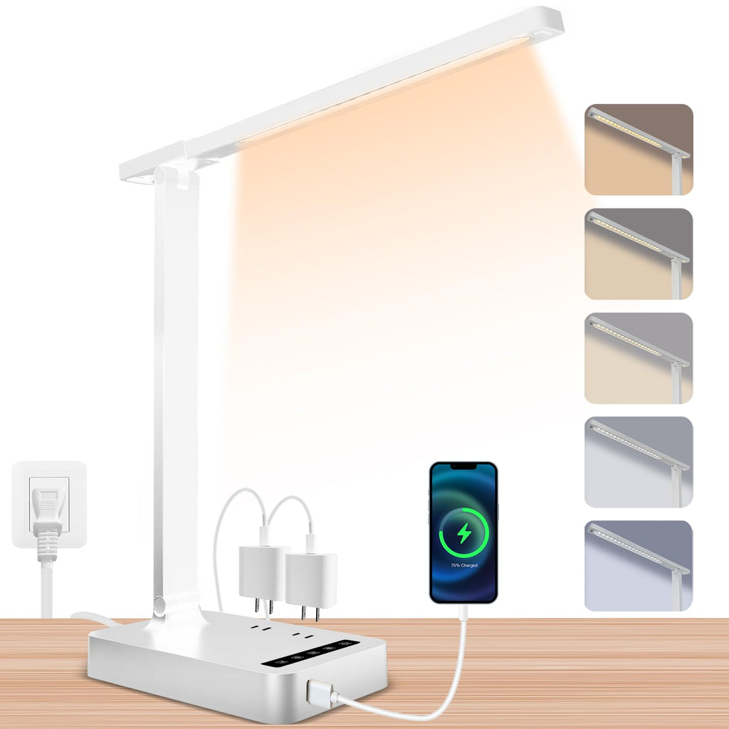snsok Desk Lamp with Wireless Charger, USB Charging Port, Dimmable Office Desk Light with Clock, Alarm, Date, Temperature, Foldable Lamp for Table Bedroom Bedside Office (White)