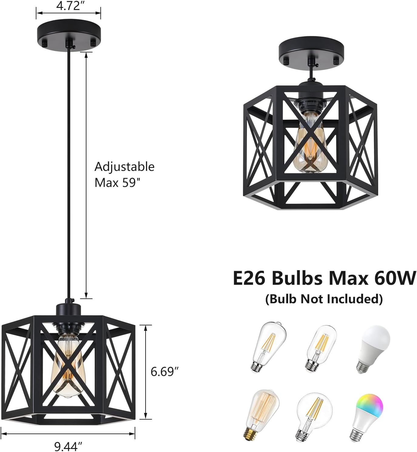 XSDeTu 2 Pack Farmhouse Pendant Lights, Modern Black Hanging Light Fixture with Hexagonal Cage, Industrial Metal Ceiling Lights, Adjustable Lantern Pendant Lighting for Kitchen Island Sink Hallway