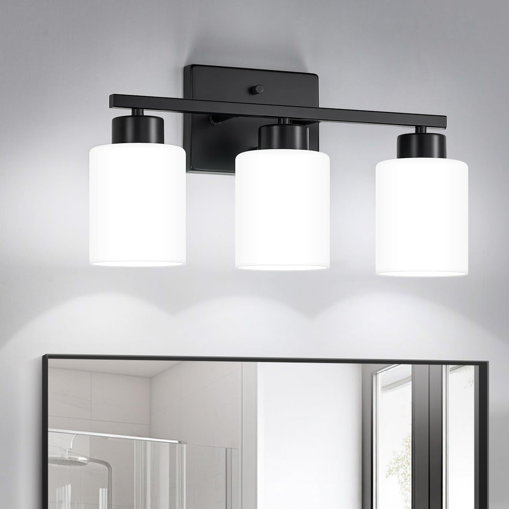 FonmYim Brushed Nickel Bathroom Light Fixtures, 3-Light Modern Vanity Light Over Mirror, Wall Sconces with Milky White Frosted Glass Shades, E26 Socket (Bulbs Not Included)