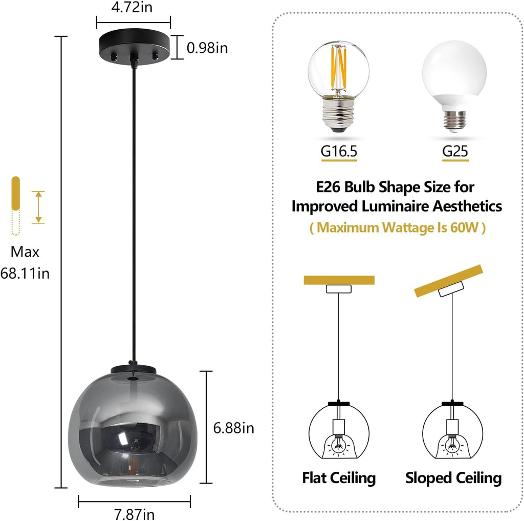 Mirror Smoke Gray Glass Pendant Lights Kitchen Island 2 Pack 7.87" Glass Globe Pendant Light Black Hanging Light Fixture Modern Pendant Lighting for Kitchen Island Bedroom Dining Room