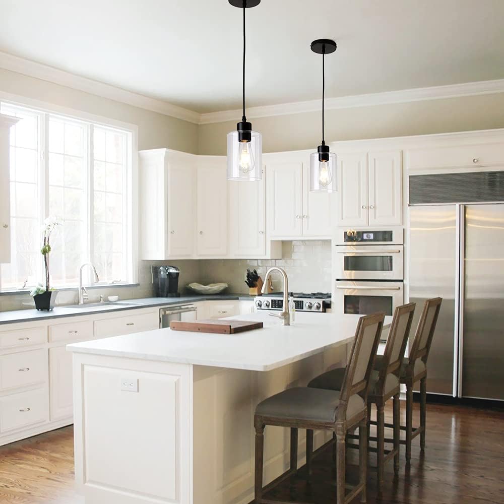 Modern Black Farmhouse Clear Glass Cylinder Pendant Light Fixture,Island Lights for Kitchen,Mini Pendant Lighting for Kitchen Island Decor - 4.75 Inch Shade 58 Inch Cord (Black 2 Pack)