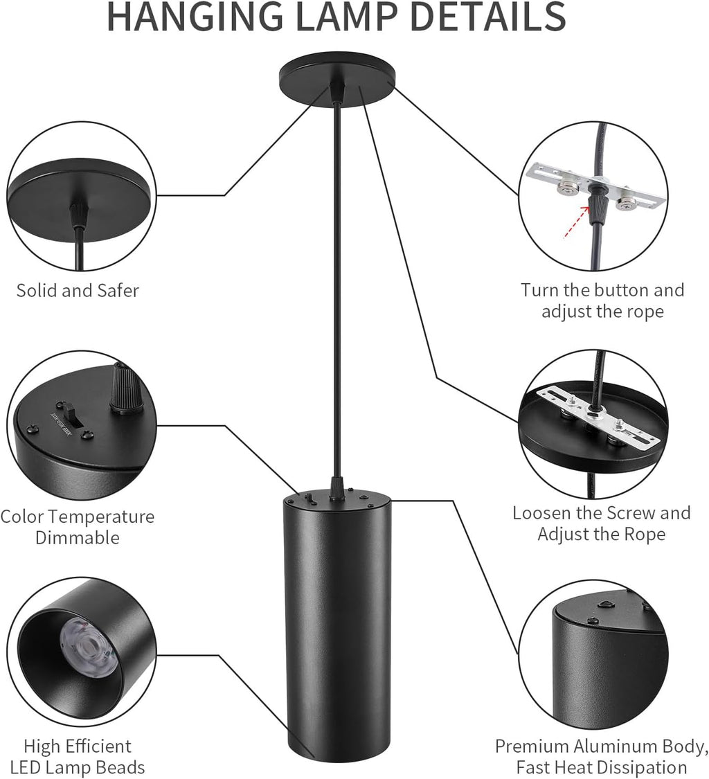 Black 4 Inch Cylinder LED Pendant Light with Dipswitch, 25W Island Hanging Lamp for Kitchen Bedroom