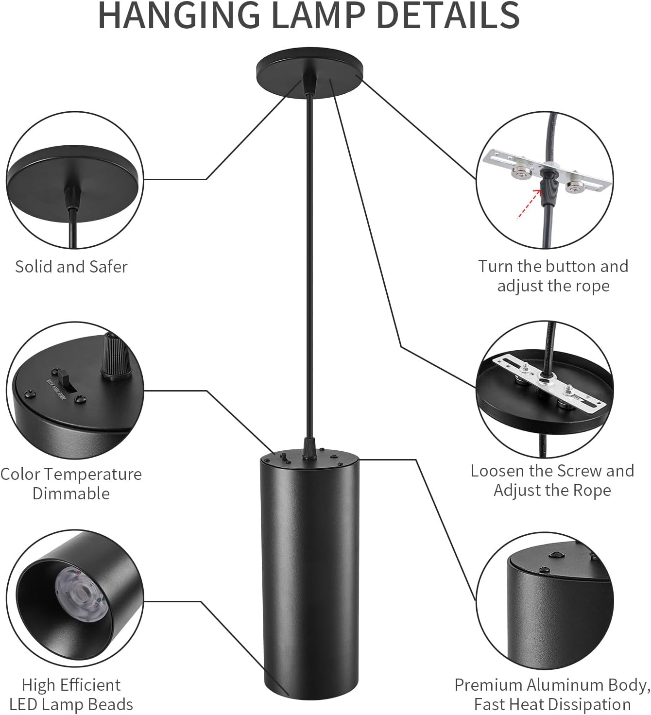 Black 4 Inch Cylinder LED Pendant Light with Dipswitch, 25W Island Hanging Lamp for Kitchen Bedroom