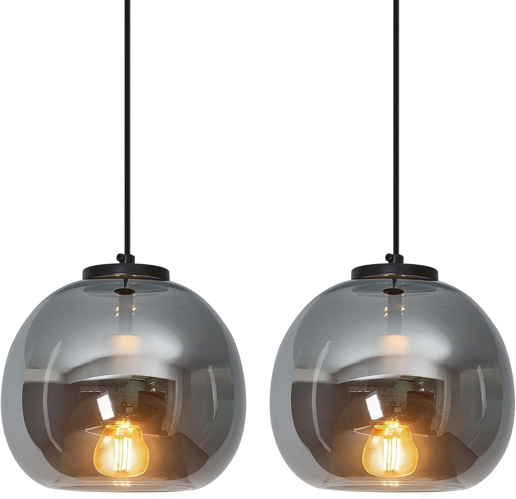 Mirror Smoke Gray Glass Pendant Lights Kitchen Island 2 Pack 7.87" Glass Globe Pendant Light Black Hanging Light Fixture Modern Pendant Lighting for Kitchen Island Bedroom Dining Room