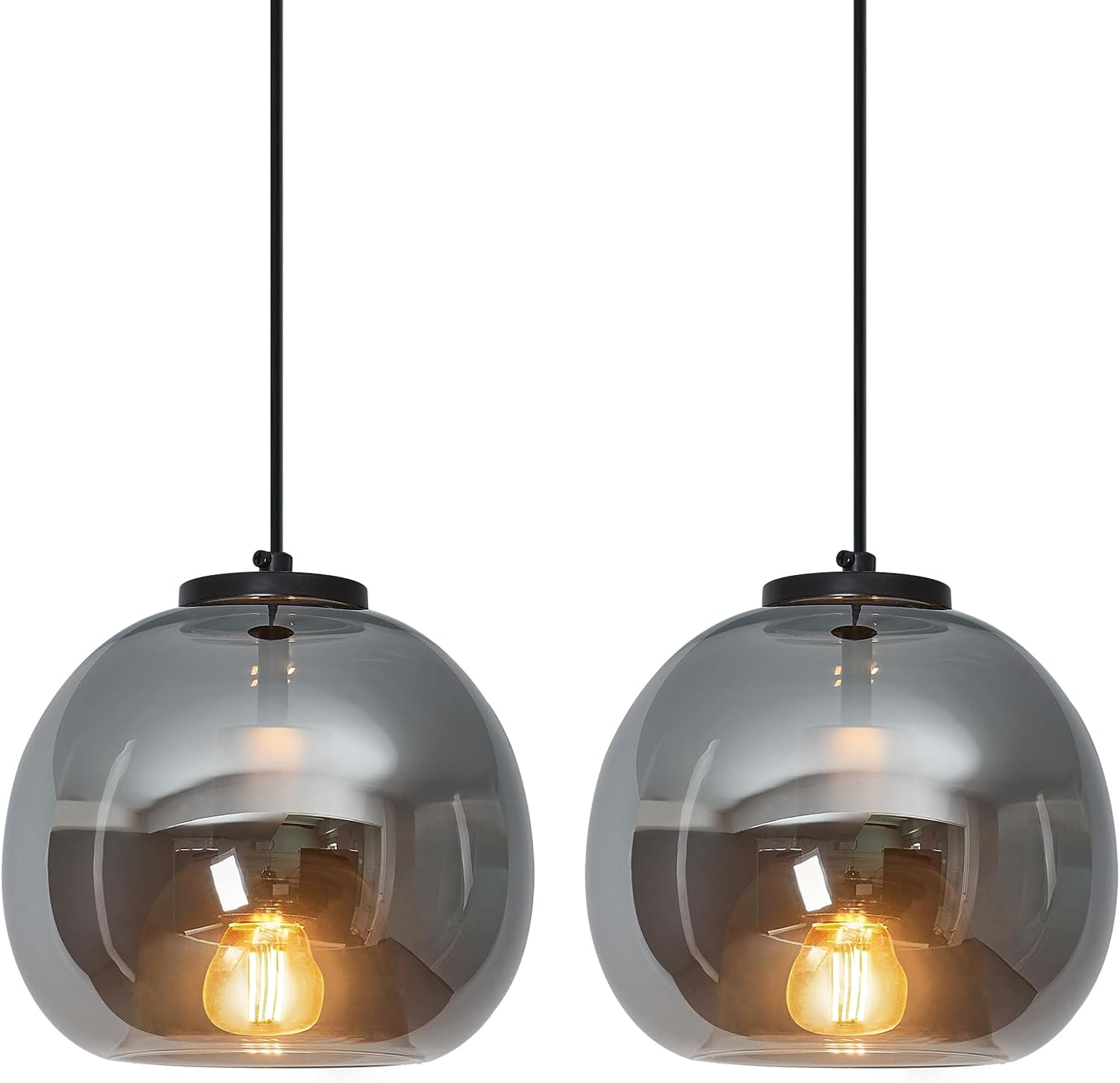 Mirror Smoke Gray Glass Pendant Lights Kitchen Island 2 Pack 7.87" Glass Globe Pendant Light Black Hanging Light Fixture Modern Pendant Lighting for Kitchen Island Bedroom Dining Room