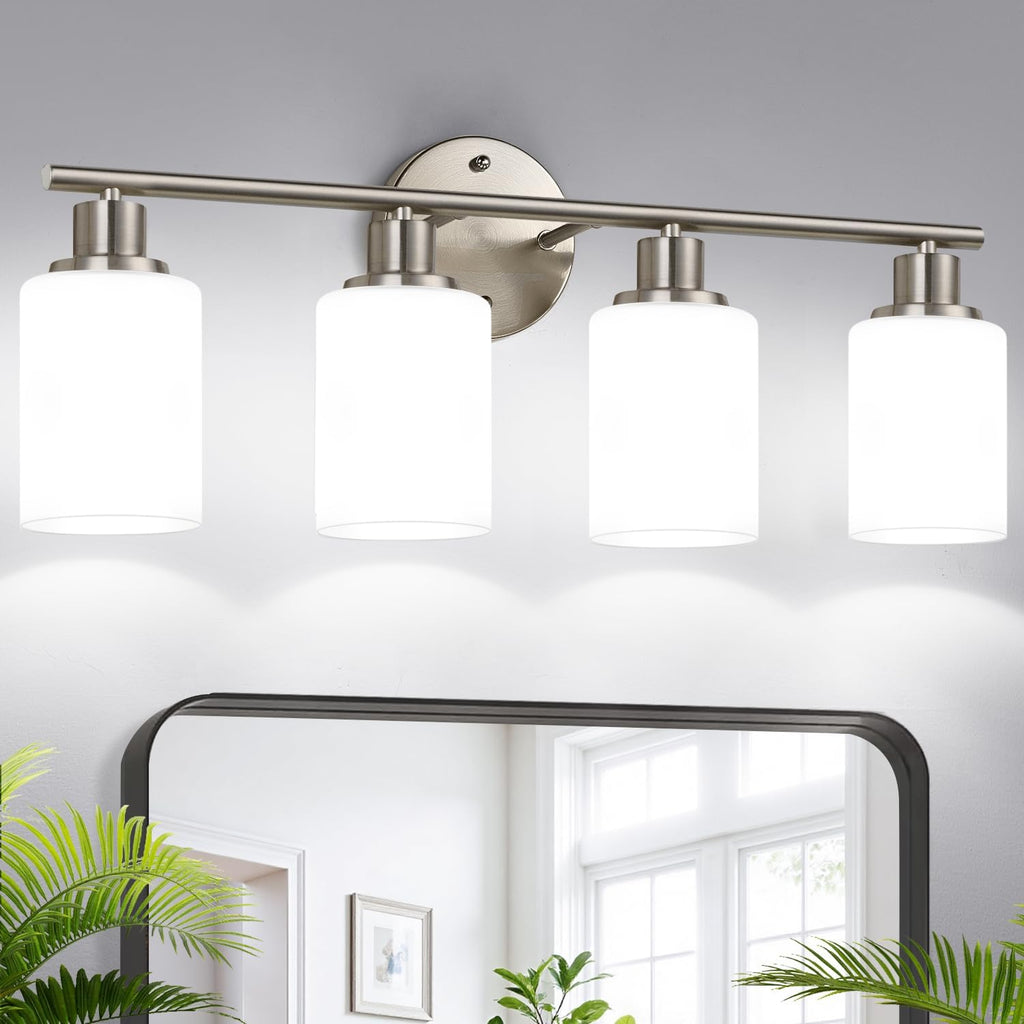 Zarbitta 3-Light Bathroom Light Fixtures, Brushed Nickel Vanity Light, Farmhouse Wall Lights with Milky White Frosted Glass Shades, Bathroom Wall Lamp for Mirror Kitchen Bedroom Hallway Living Room