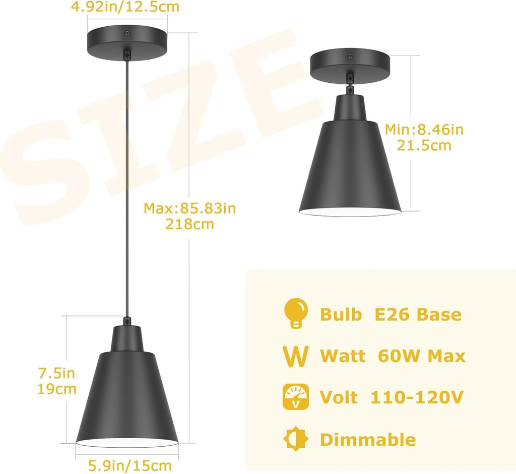 Industrial Pendant Lights, Black Pendant Light Fixtures, Vintage Kitchen Island Light with Black Metal Shade, Farmhouse Pendant Lights for Dinning Table Bedroom Bar - Black, 3 Packs