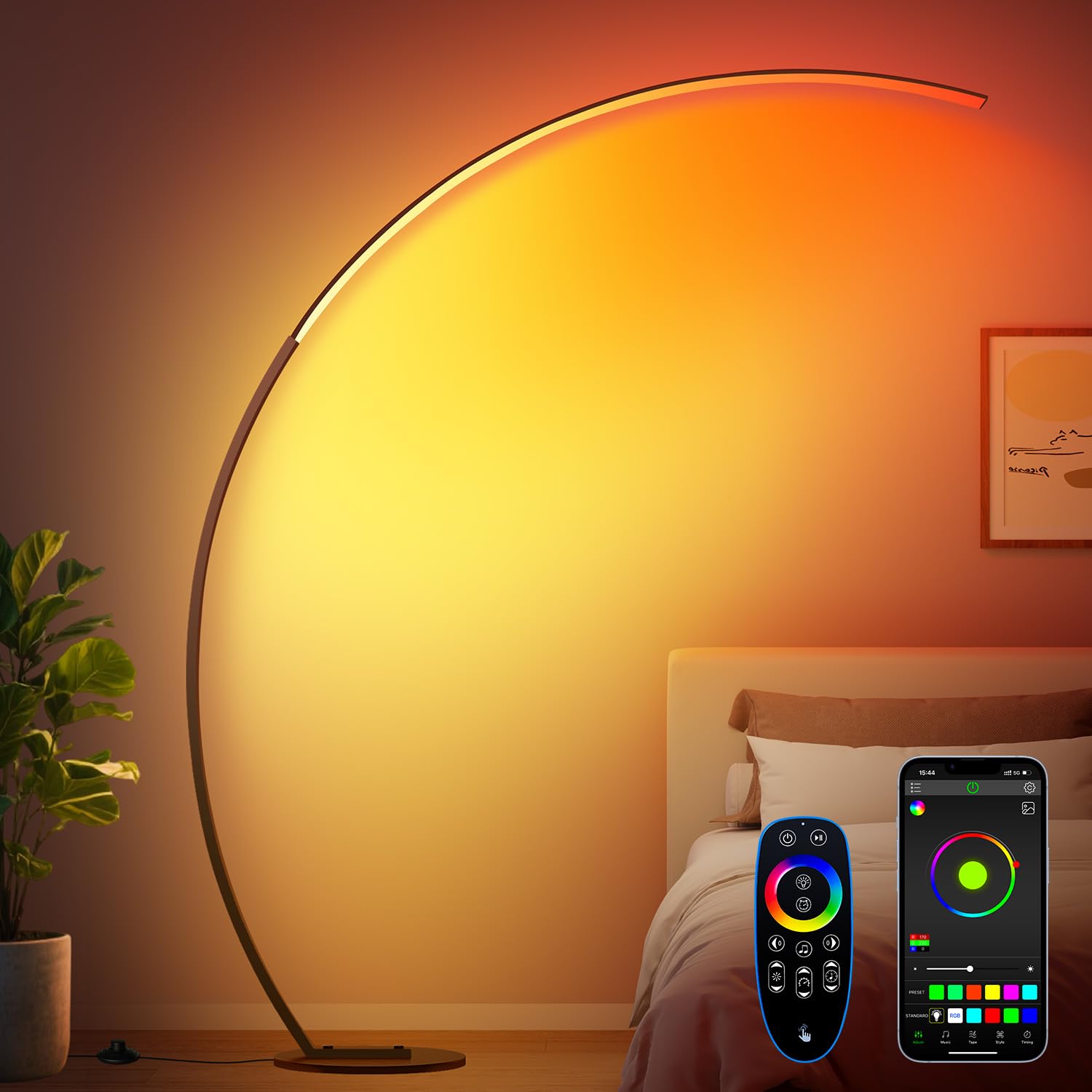 RGB Floor Lamp with 3 Color Temperatures, Ultra Bright 1800LM Smart Arc LED Floor Lamp with Remote Control, Music Sync, Scene Modes, Modern Standing Tall Lamp for Bedroom Living Room Gaming Rooms
