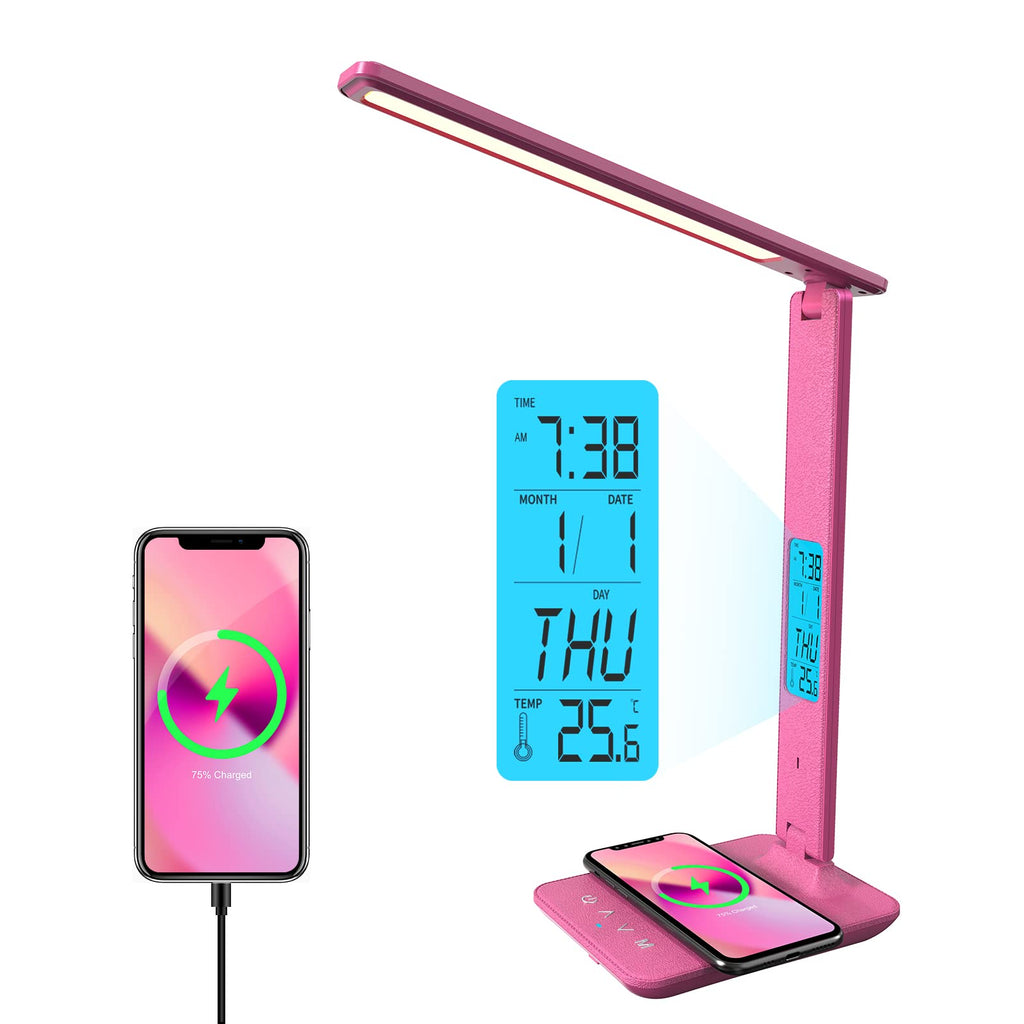 LED Desk Lamp with Wireless Charger, USB Charging Port, Table Lamp with Clock, Alarm, Date, Temperature, Desk Lamps for Home Office,Black
