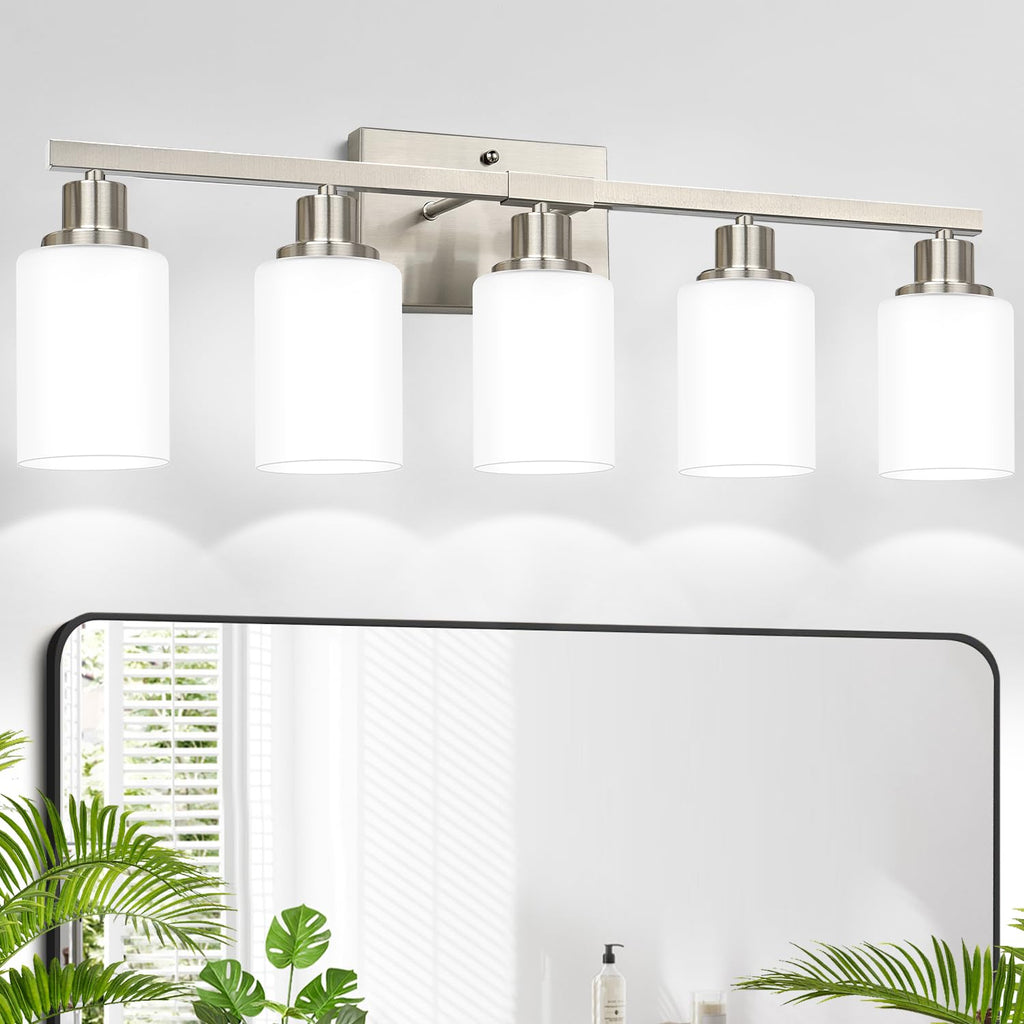 MOKATNG 4-Light Vanity Light with Milky White Shades, Brushed Nickel Bathroom Lighting Fixtures Over Mirror, Modern Bathroom Wall Lamp for Mirror Living Room Cabinet Bedroom