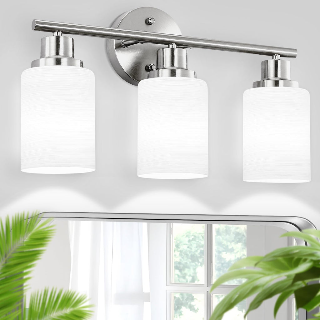 4-Light Brushed Nickel Vanity Lights for Mirror, Bathroom Light Fixtures with Textured Milky White Glass Shade, Modern Kitchen Light Fixtures Wall Sconce Light - E26 Base