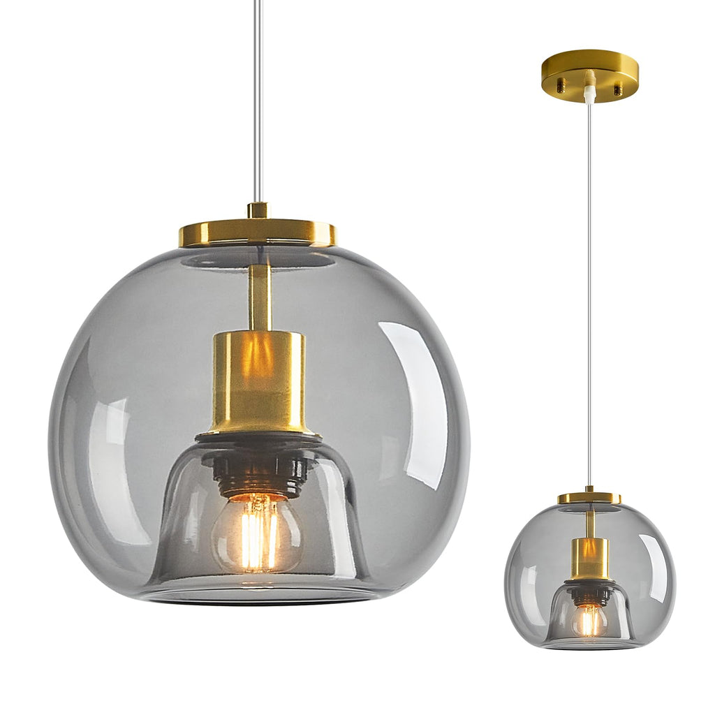 Mirror Smoke Gray Glass Pendant Lights Kitchen Island 2 Pack 7.87" Glass Globe Pendant Light Black Hanging Light Fixture Modern Pendant Lighting for Kitchen Island Bedroom Dining Room