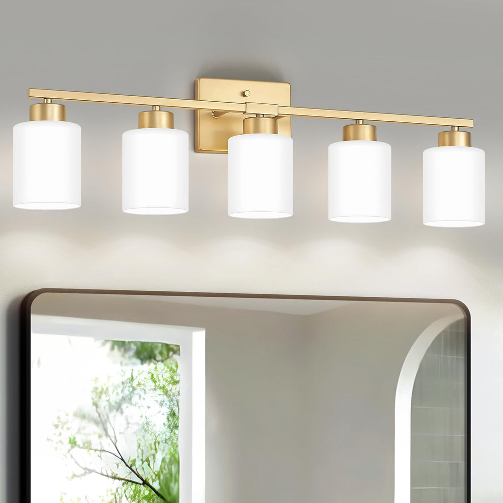 FonmYim Brushed Nickel Bathroom Light Fixtures, 3-Light Modern Vanity Light Over Mirror, Wall Sconces with Milky White Frosted Glass Shades, E26 Socket (Bulbs Not Included)