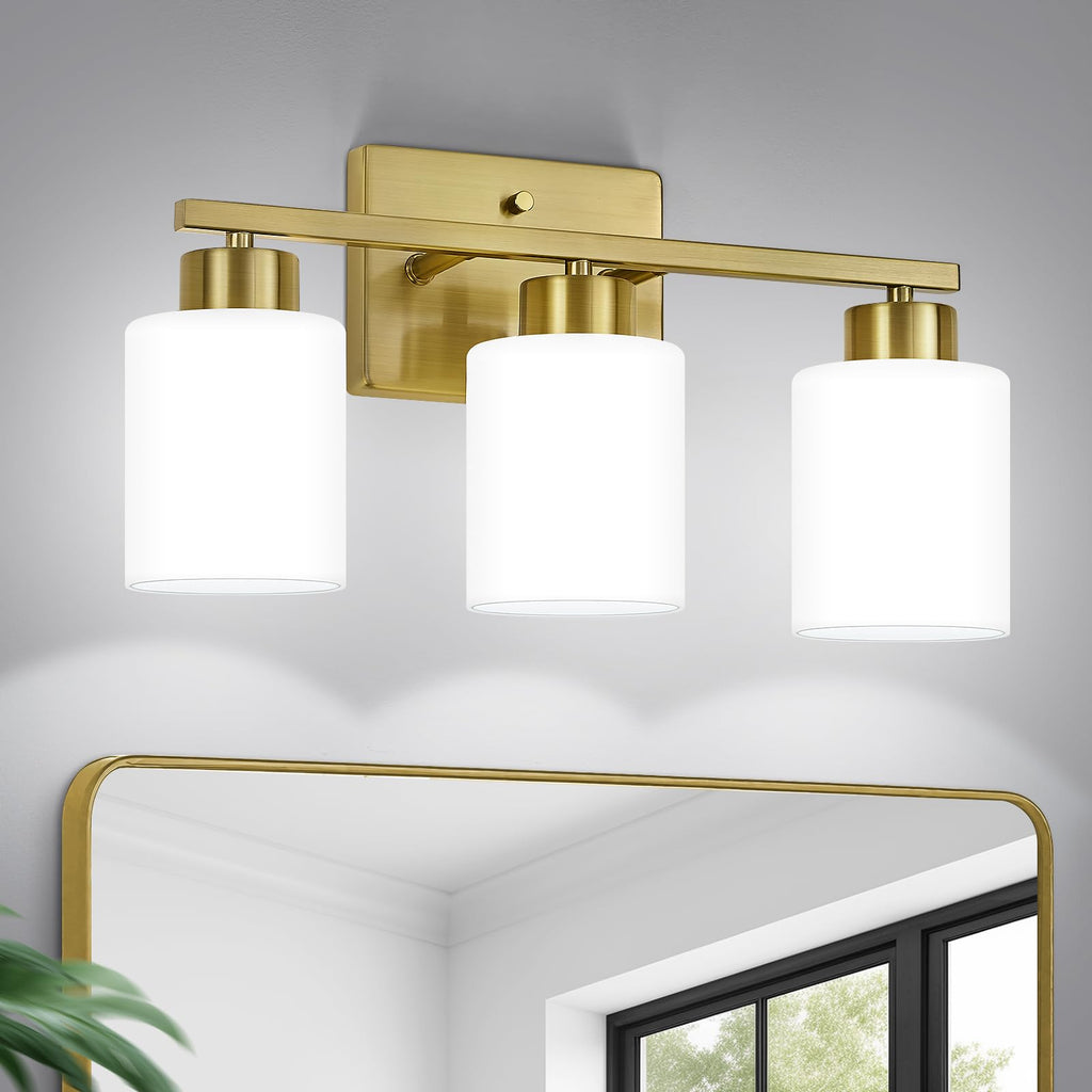 FonmYim Brushed Nickel Bathroom Light Fixtures, 3-Light Modern Vanity Light Over Mirror, Wall Sconces with Milky White Frosted Glass Shades, E26 Socket (Bulbs Not Included)