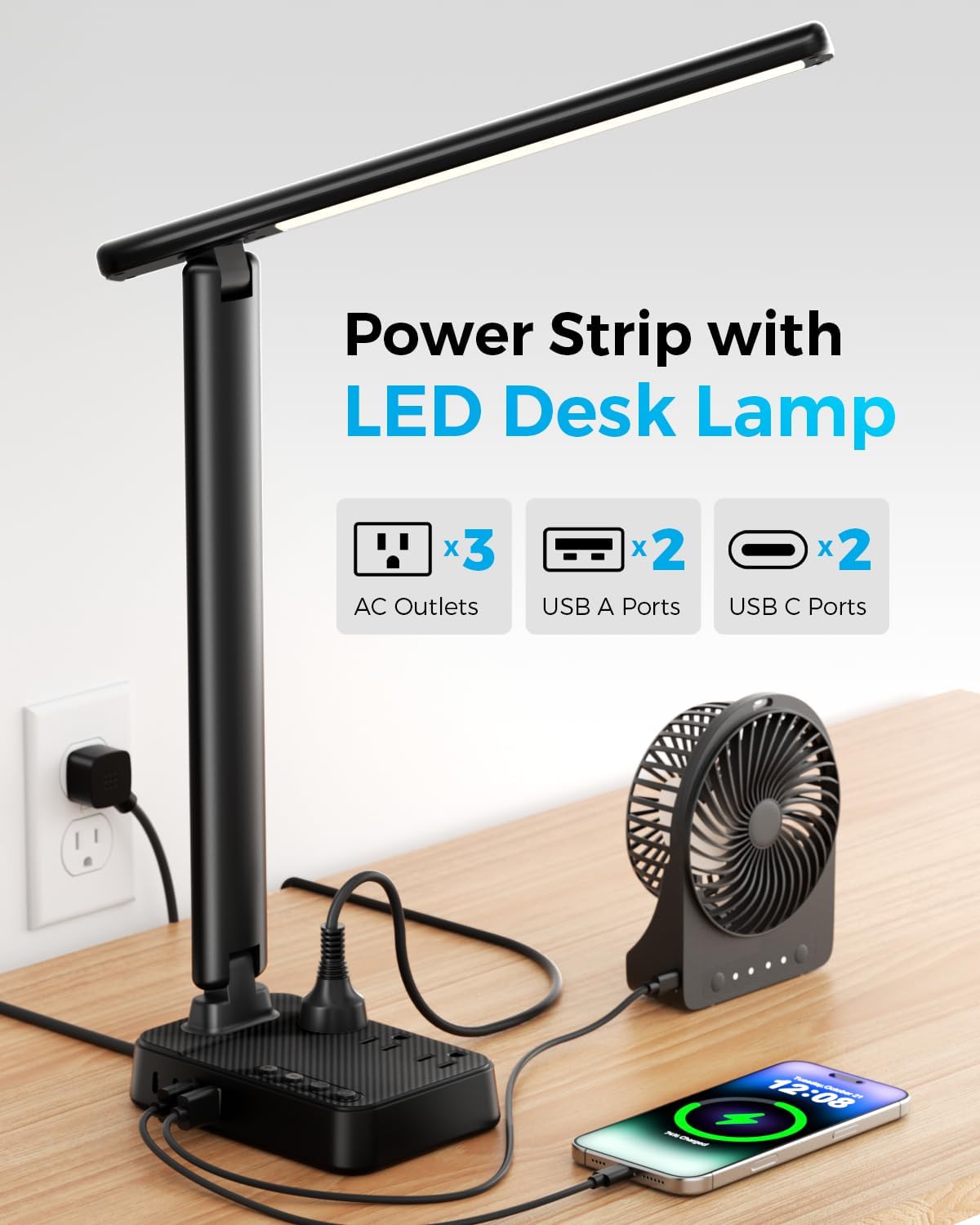LED Desk Lamp with Power Strip, 3 AC Outlets & 4 USB Ports (2 USB-C), Stepless Dimming & 2800K-6500K Eye-Caring Desk Light, Foldable Table Lamp with 5FT Cord for Home Office, Dorm Room Essentials