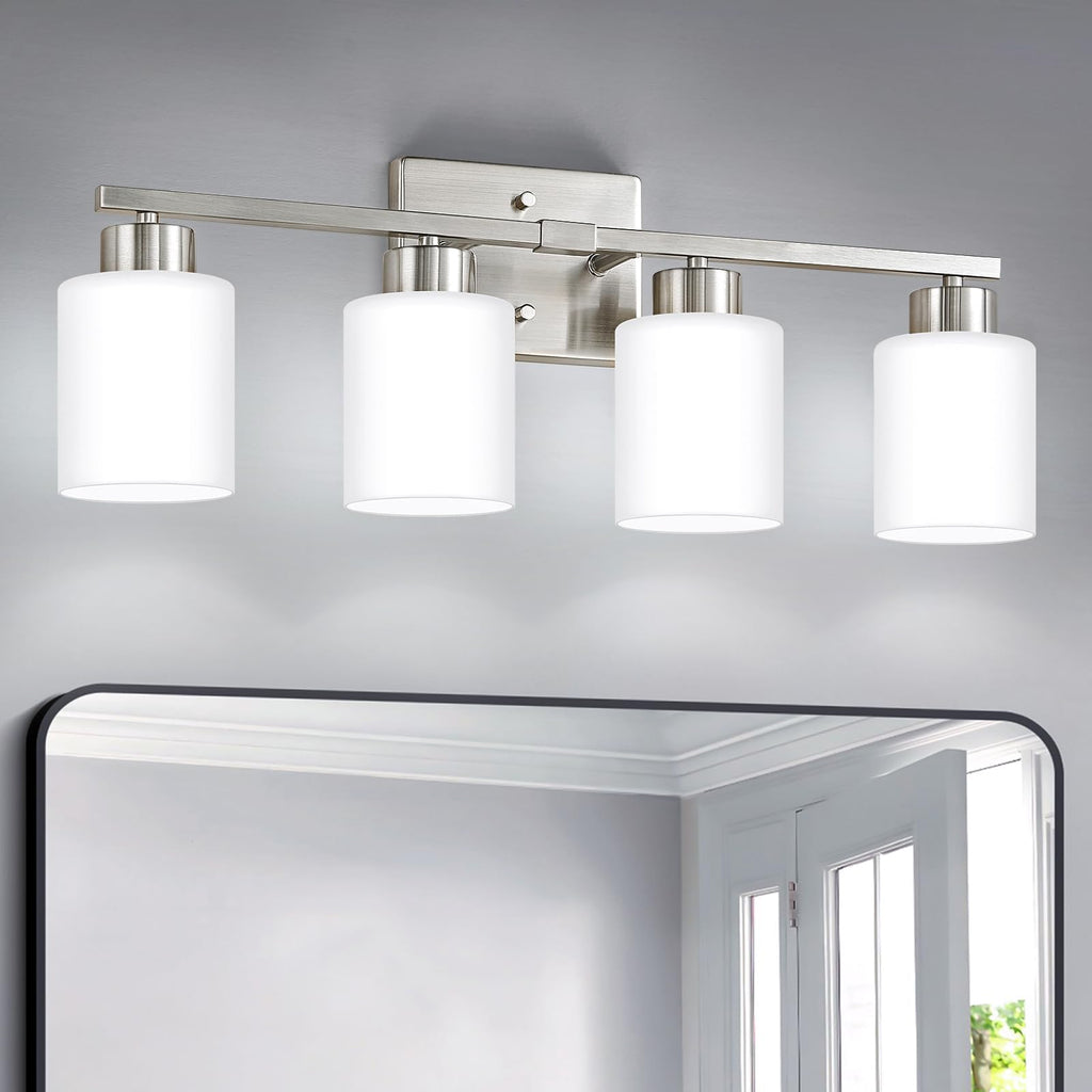 FonmYim Brushed Nickel Bathroom Light Fixtures, 3-Light Modern Vanity Light Over Mirror, Wall Sconces with Milky White Frosted Glass Shades, E26 Socket (Bulbs Not Included)