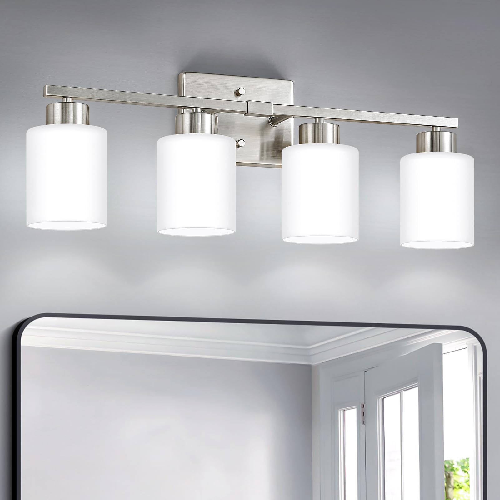FonmYim Brushed Nickel Bathroom Light Fixtures, 3-Light Modern Vanity Light Over Mirror, Wall Sconces with Milky White Frosted Glass Shades, E26 Socket (Bulbs Not Included)