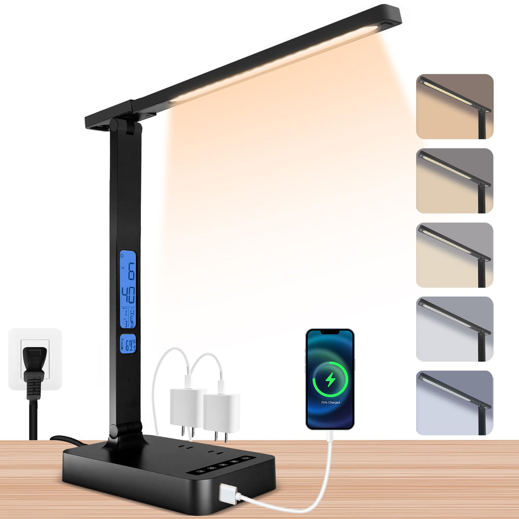 snsok Desk Lamp with Wireless Charger, USB Charging Port, Dimmable Office Desk Light with Clock, Alarm, Date, Temperature, Foldable Lamp for Table Bedroom Bedside Office (White)