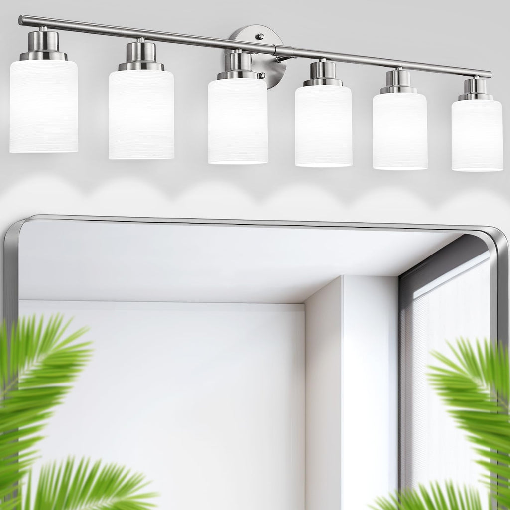 4-Light Brushed Nickel Vanity Lights for Mirror, Bathroom Light Fixtures with Textured Milky White Glass Shade, Modern Kitchen Light Fixtures Wall Sconce Light - E26 Base