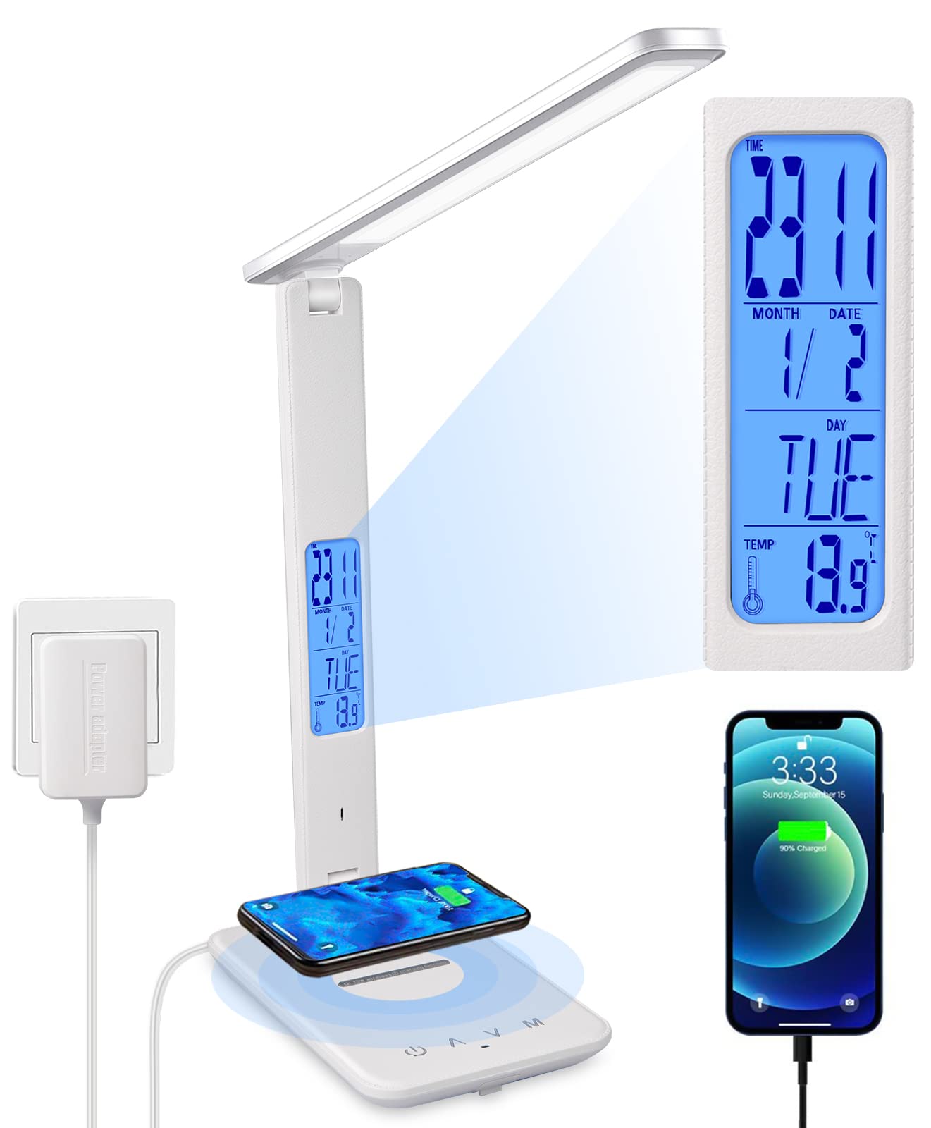 Dimmable LED Desk Lamp with Wireless & USB Charging, Clock Calendar Thermometer for Home Office
