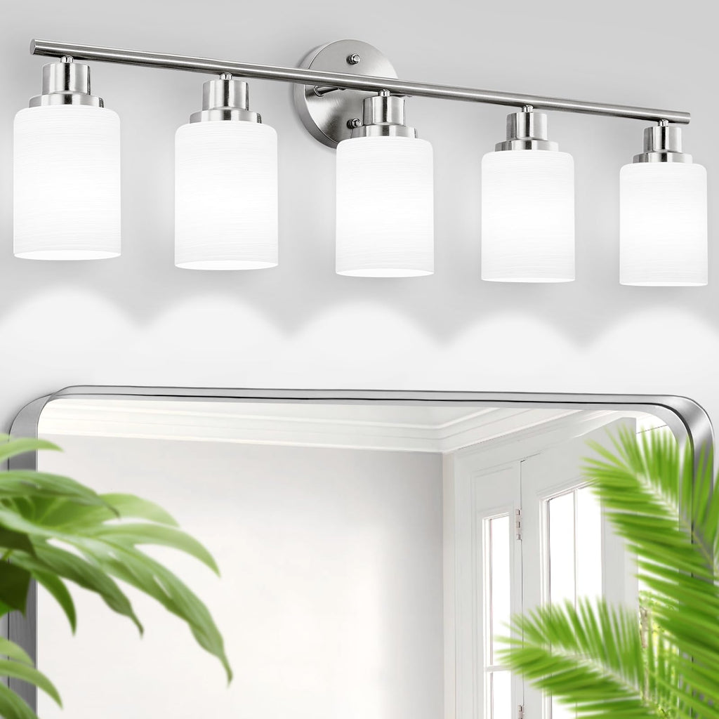4-Light Brushed Nickel Vanity Lights for Mirror, Bathroom Light Fixtures with Textured Milky White Glass Shade, Modern Kitchen Light Fixtures Wall Sconce Light - E26 Base