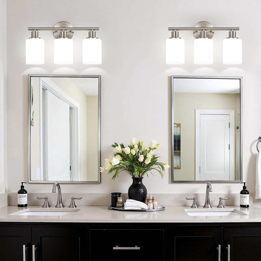 Zarbitta 3-Light Bathroom Light Fixtures, Brushed Nickel Vanity Light, Farmhouse Wall Lights with Milky White Frosted Glass Shades, Bathroom Wall Lamp for Mirror Kitchen Bedroom Hallway Living Room