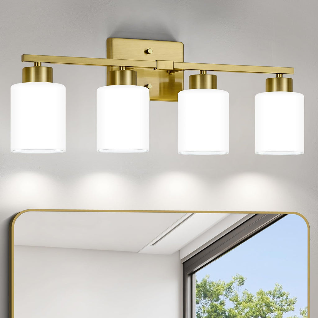 FonmYim Brushed Nickel Bathroom Light Fixtures, 3-Light Modern Vanity Light Over Mirror, Wall Sconces with Milky White Frosted Glass Shades, E26 Socket (Bulbs Not Included)