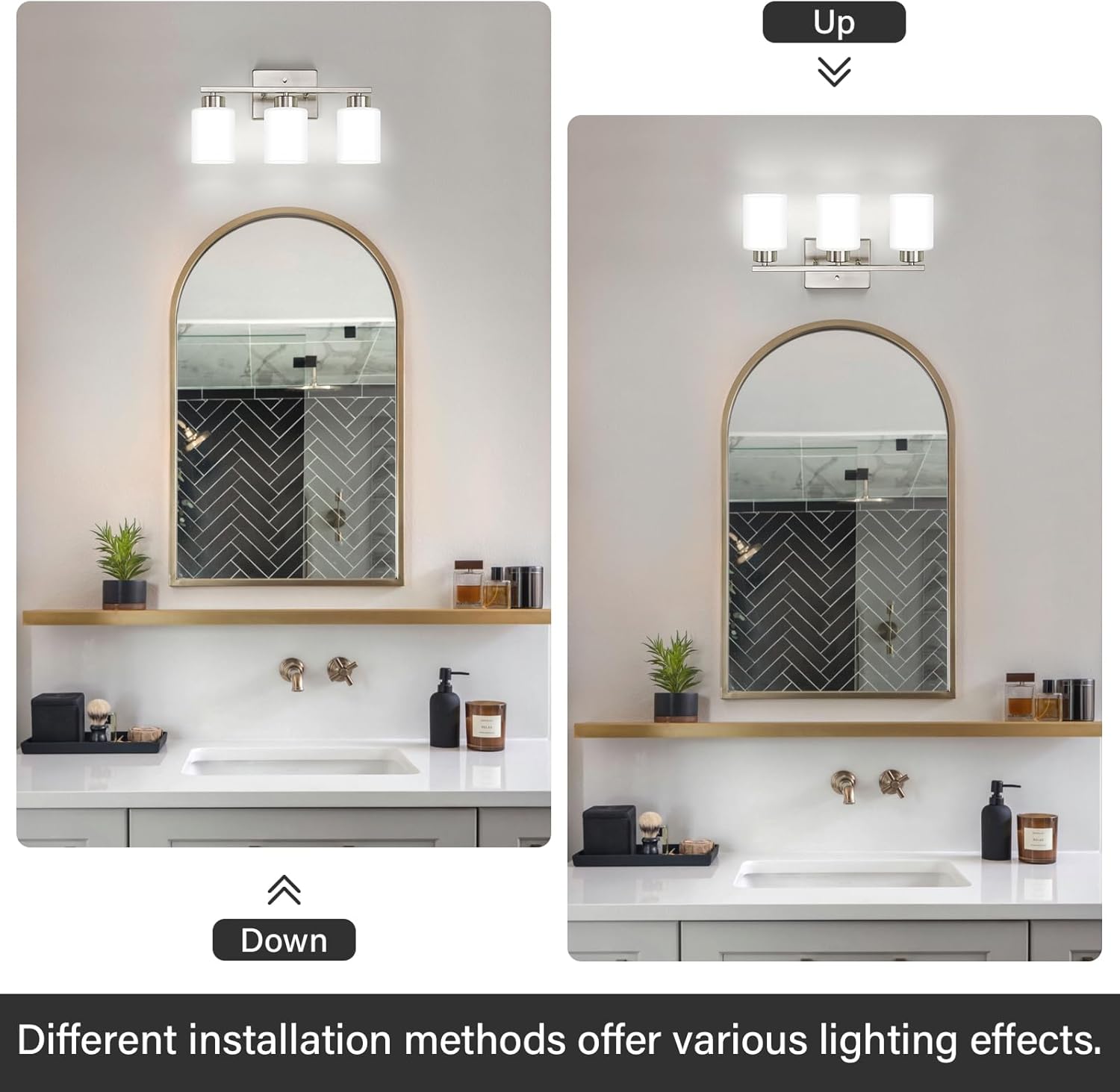 FonmYim Brushed Nickel Bathroom Light Fixtures, 3-Light Modern Vanity Light Over Mirror, Wall Sconces with Milky White Frosted Glass Shades, E26 Socket (Bulbs Not Included)