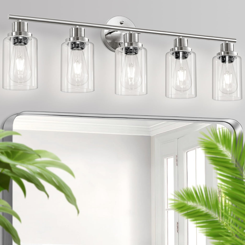 4-Light Brushed Nickel Vanity Lights for Mirror, Bathroom Light Fixtures with Textured Milky White Glass Shade, Modern Kitchen Light Fixtures Wall Sconce Light - E26 Base