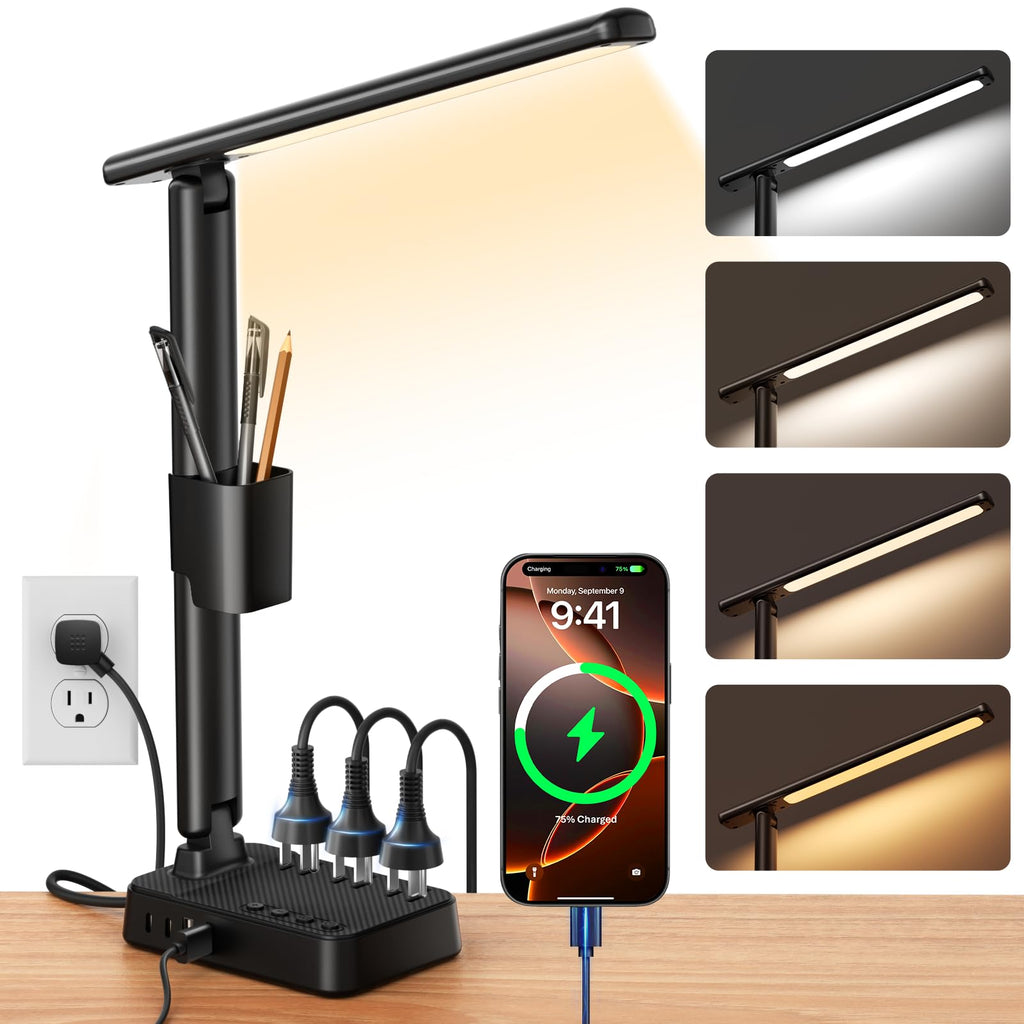 LED Desk Lamp with Power Strip, 3 AC Outlets & 4 USB Ports (2 USB-C), Stepless Dimming & 2800K-6500K Eye-Caring Desk Light, Foldable Table Lamp with 5FT Cord for Home Office, Dorm Room Essentials