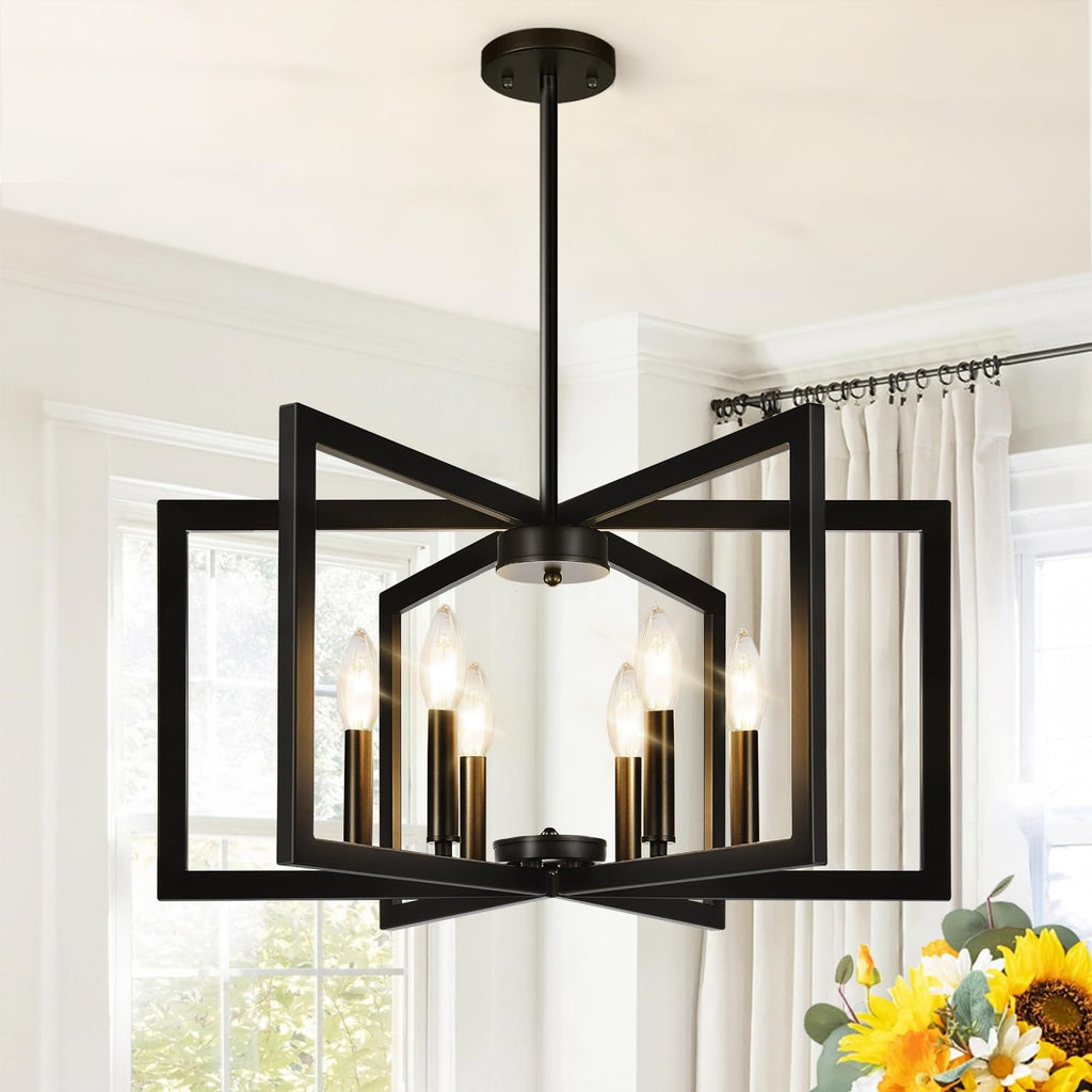 25"-61" Height Adjustable Modern Matte Black Chandelier for Dining Room, No Assembly Required Black Dining Room Light Fixture Over Table, Industrial Metal Pendant Lights Fixture for Kitchen Island