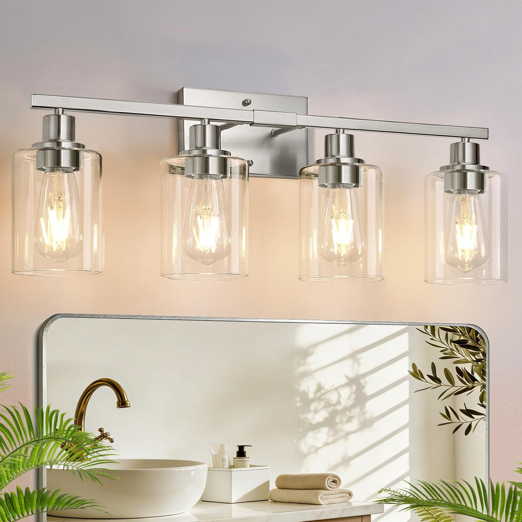 MOKATNG 4-Light Vanity Light with Milky White Shades, Brushed Nickel Bathroom Lighting Fixtures Over Mirror, Modern Bathroom Wall Lamp for Mirror Living Room Cabinet Bedroom