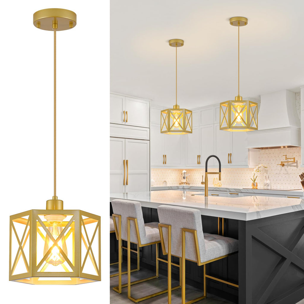 XSDeTu 2 Pack Farmhouse Pendant Lights, Modern Black Hanging Light Fixture with Hexagonal Cage, Industrial Metal Ceiling Lights, Adjustable Lantern Pendant Lighting for Kitchen Island Sink Hallway